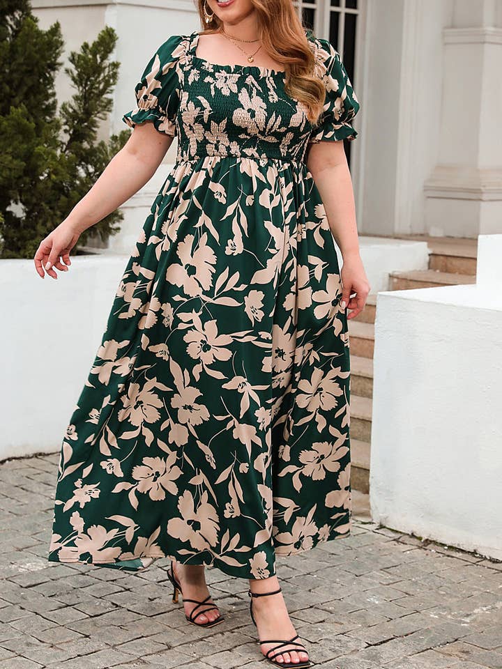 Suhkasana - Wholesale Dress - Women's - Womens Summer Puffy Short Sleeve Square Neck Smocked Tiered Ruffle Plus Size Dress