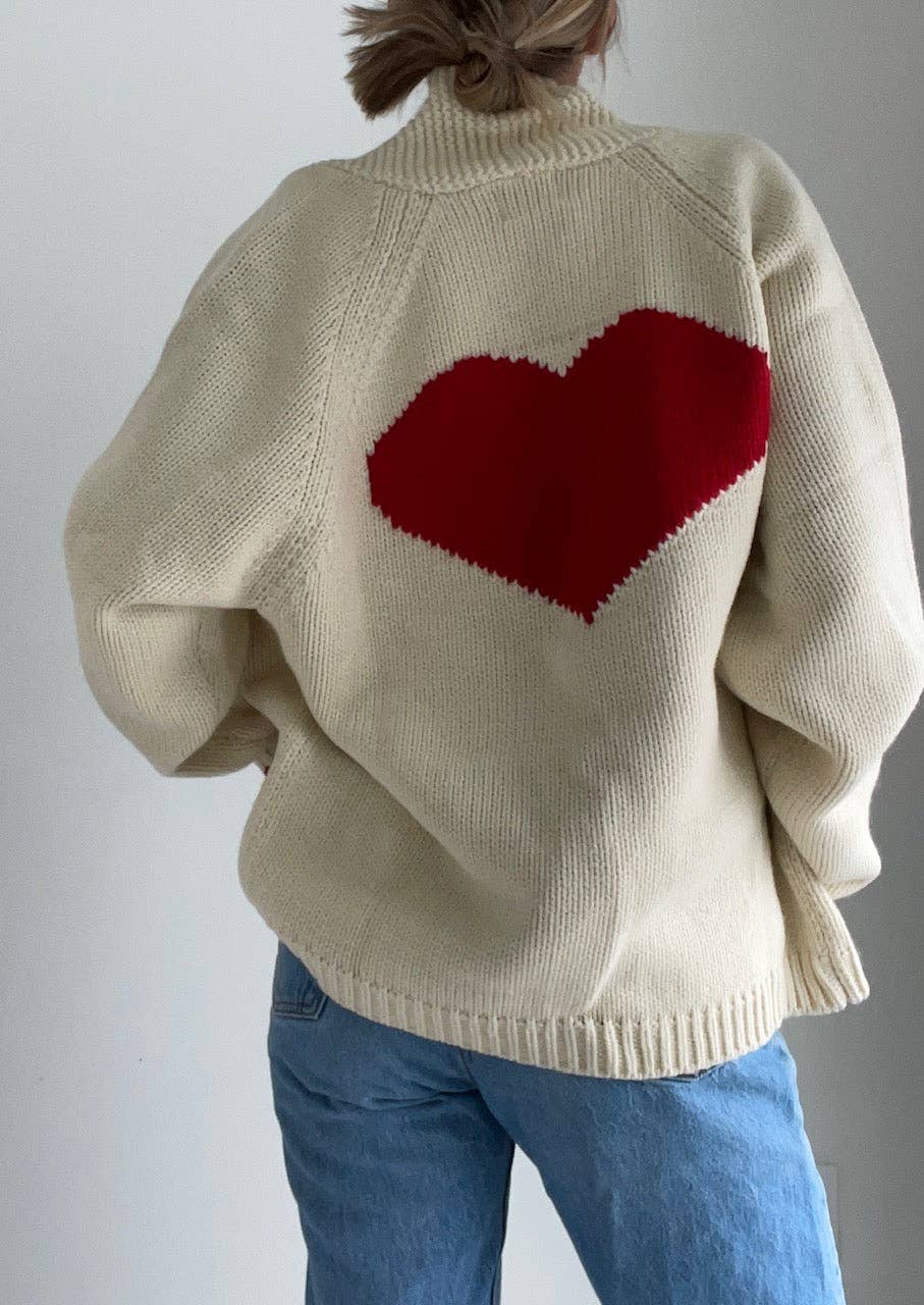 Pink Pineapple - Wholesale Cardigan - Women's - Varsity Chunky Heart Cardigan in Ivory/Red4