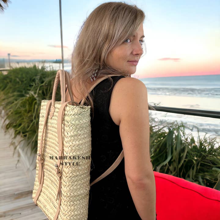 MARRAKESH STYLE - Venta al por mayor Mochila - Mujer - Mochila de paja con cuero, mochila del mercado francés