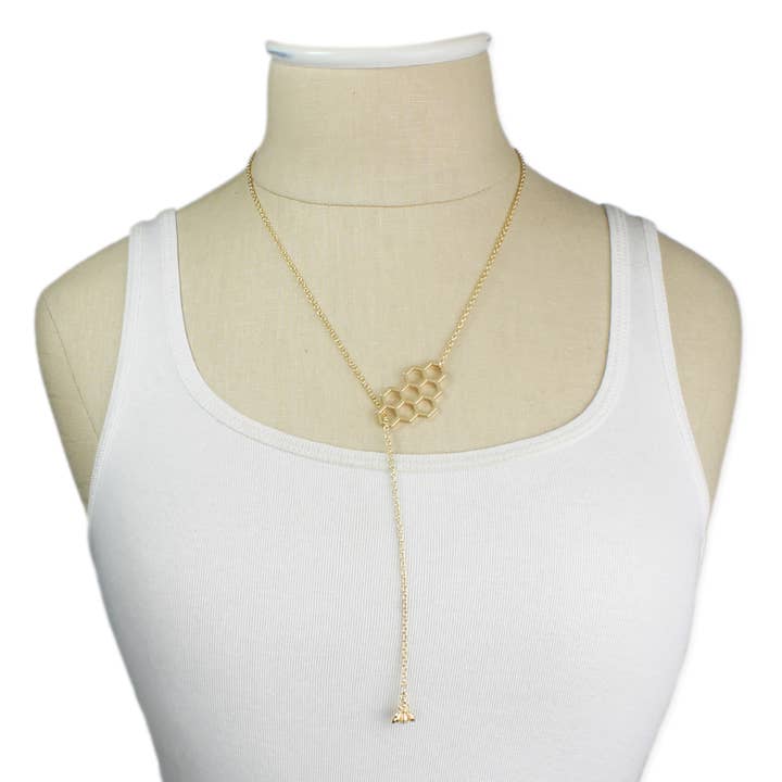 ZAD - Wholesale Y-Neck/Lariat Necklace - BEE-have Honey Comb & Bee Gold Lariat Necklace