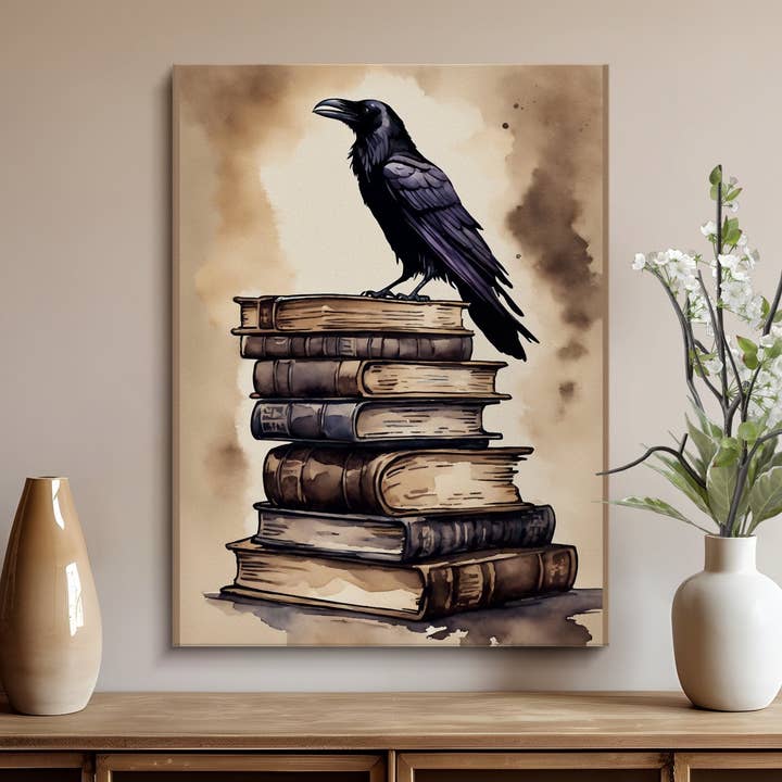 Affiche grand format corbeau sur livres anciens, décor gothique, illustration oiseau aquarelle pour la vente par FreakyTeeFactory