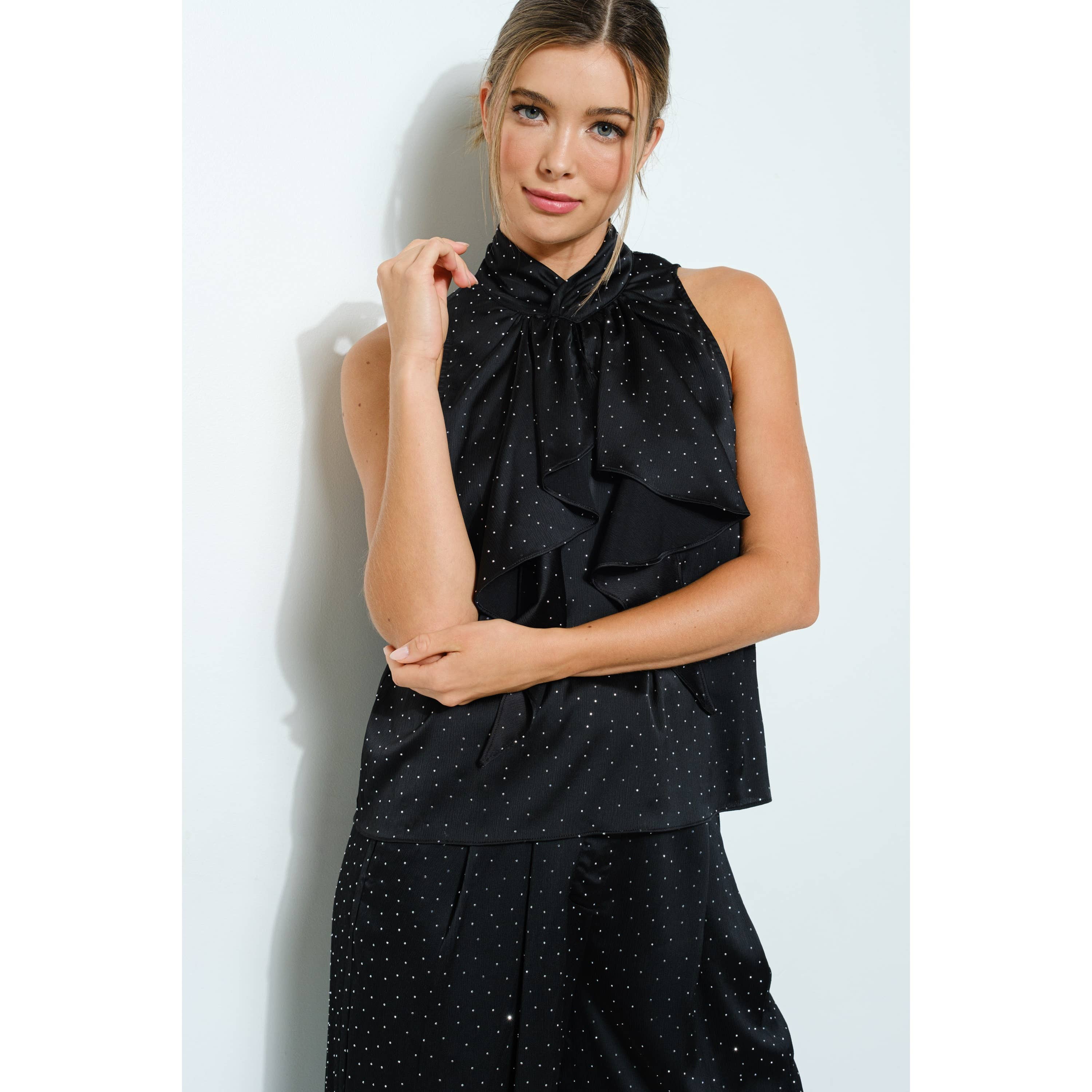 INA – Engroshandel Bluse - Dame – Rhinestone udsmykket top med flæsedetaljer foran14