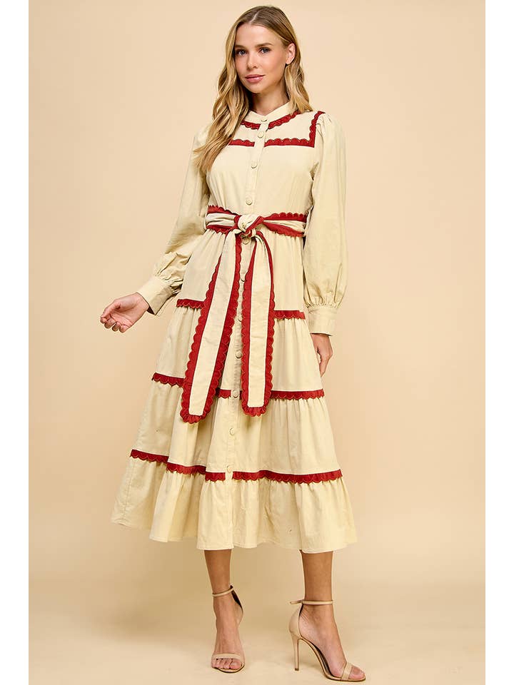 Beige CD04322-Tiered Scalloped Detail Long Sleeve Midi Dress for wholesale on Faire