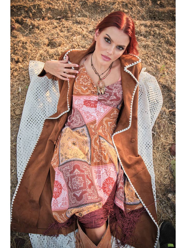 MULTI 37146D Patchwork Asymmetrical Fringe Hem Maxi Dress for wholesale on Faire1