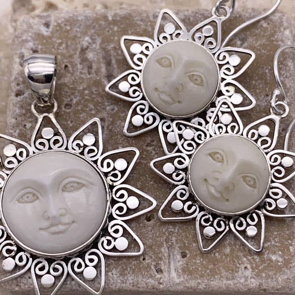 Sterling Silver Hand Carved Bone Sun Pendant (30mm) for wholesale by Goddess Design Studio