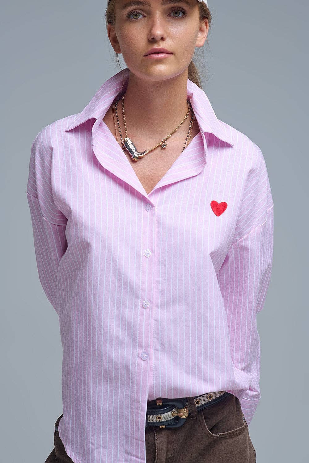 Pink Striped shirt with red heart embroidery for wholesale on Faire0