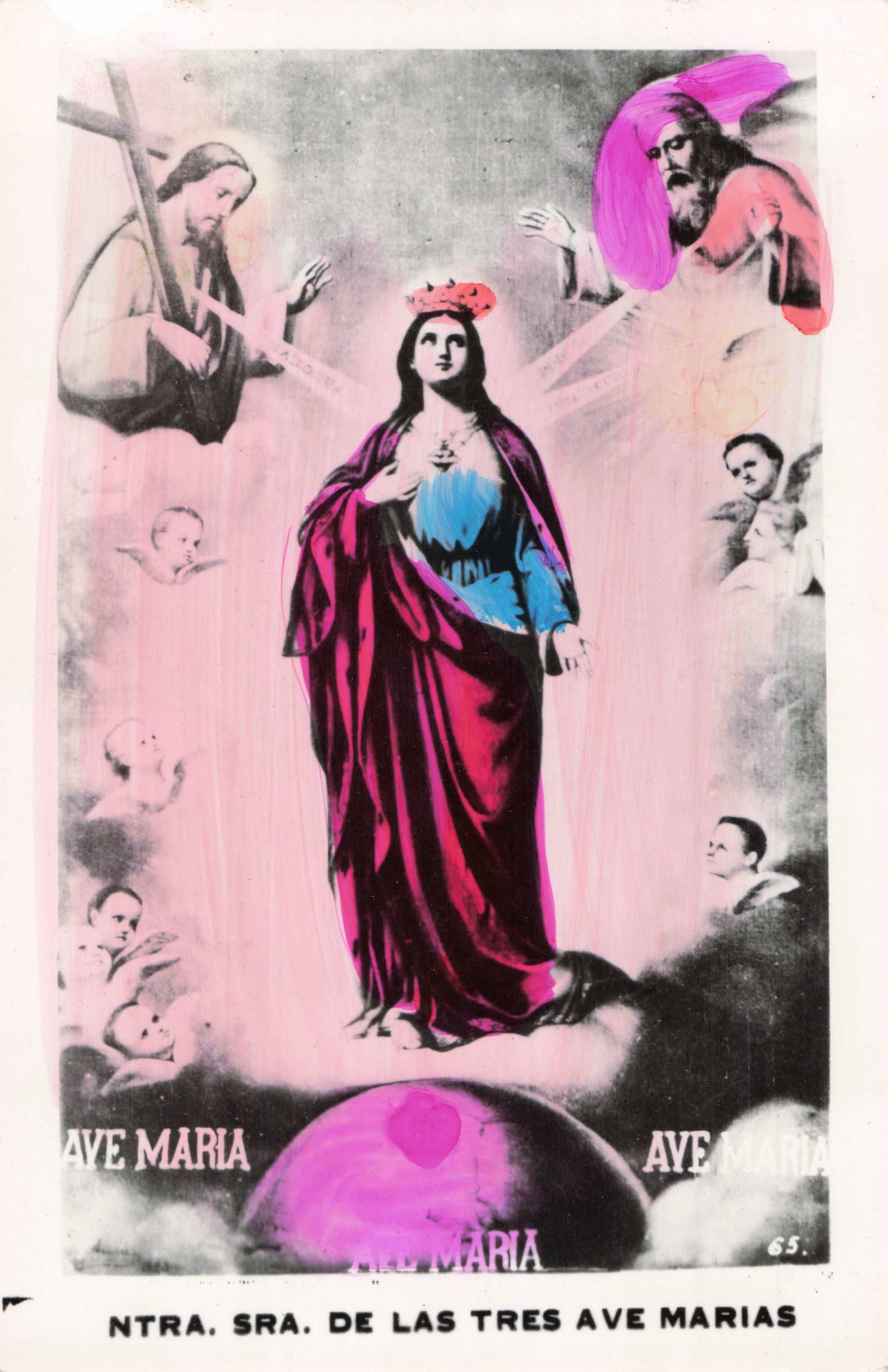Tesoros Trading Company – Großhandel Religiöse Grußkarte – Religiöse handkolorierte Karte, Mx.-Sra. de las Tres Ave Marias1