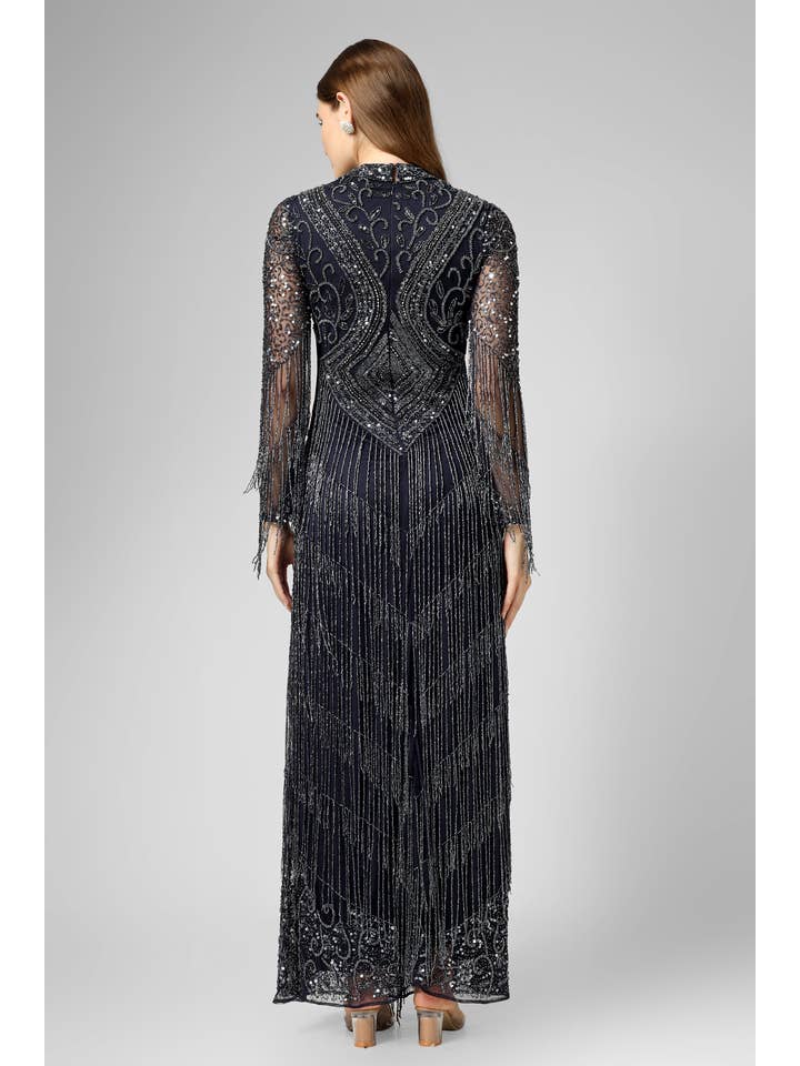 Lissy Navy Blue Fringe Maxi Dress for wholesale on Faire
