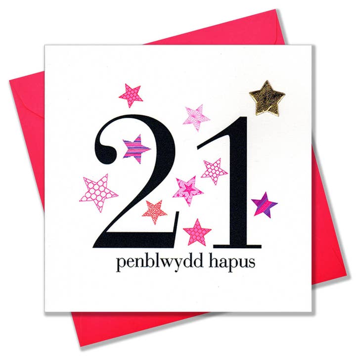 Claire Giles Ltd - Wholesale Birthday card - Welsh 21st Birthday Card, Penblwydd Hapus, Pink Stars, padded star embellished
