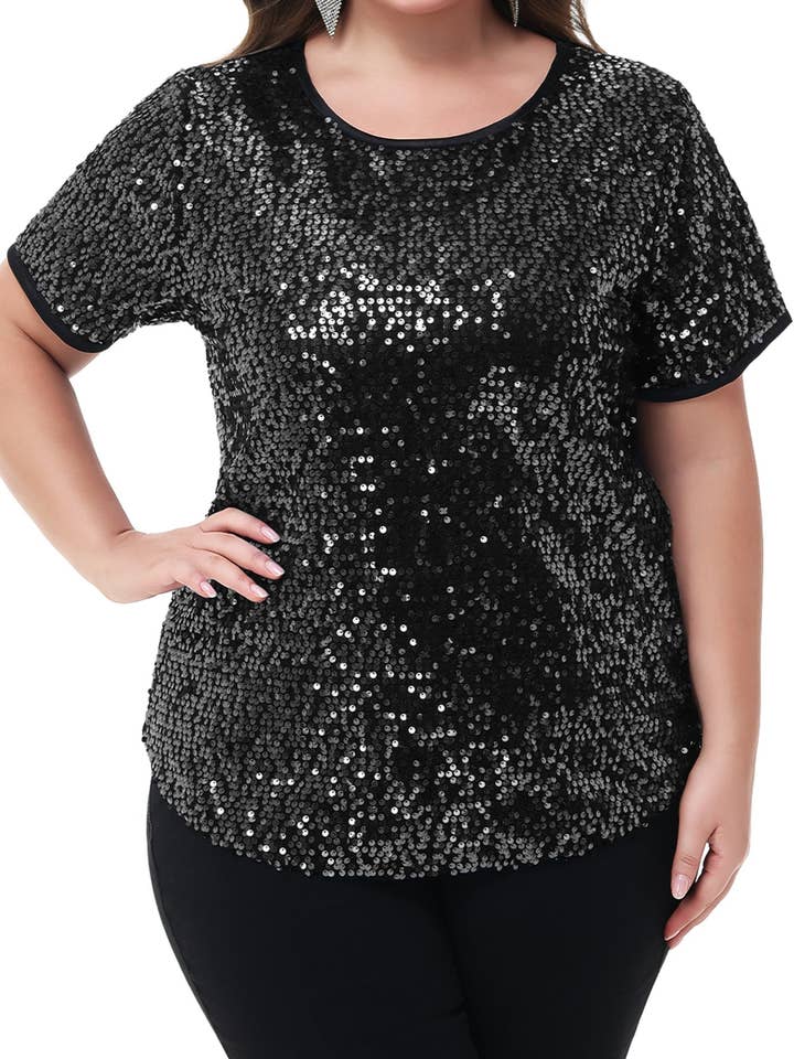 Sequin Tops Plus Size Sparkle Glitter Party Blouse for wholesale by Anna Kaci Wholesale
