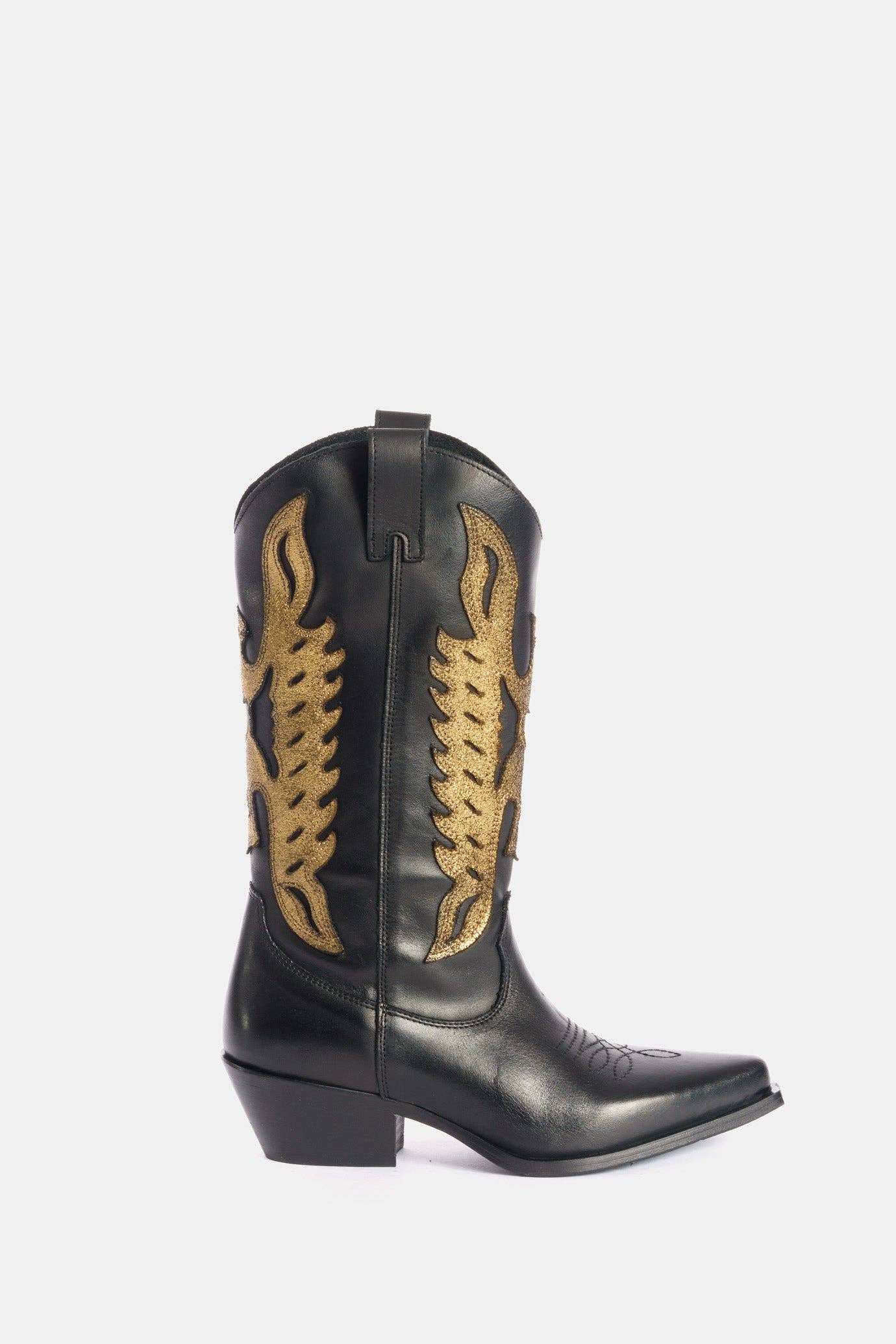METISSE - Wholesale Boots - Women's - Black and gold calfskin Texan boots DX8220