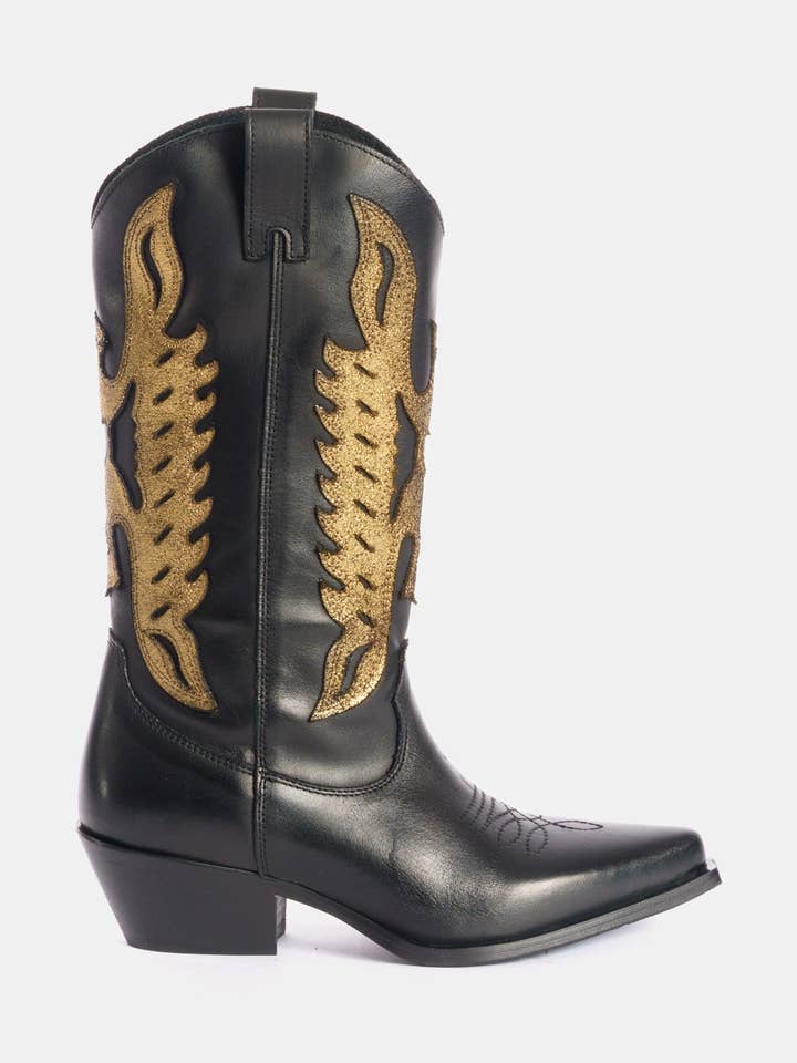 METISSE - Wholesale Boots - Women's - Black and gold calfskin Texan boots DX8220