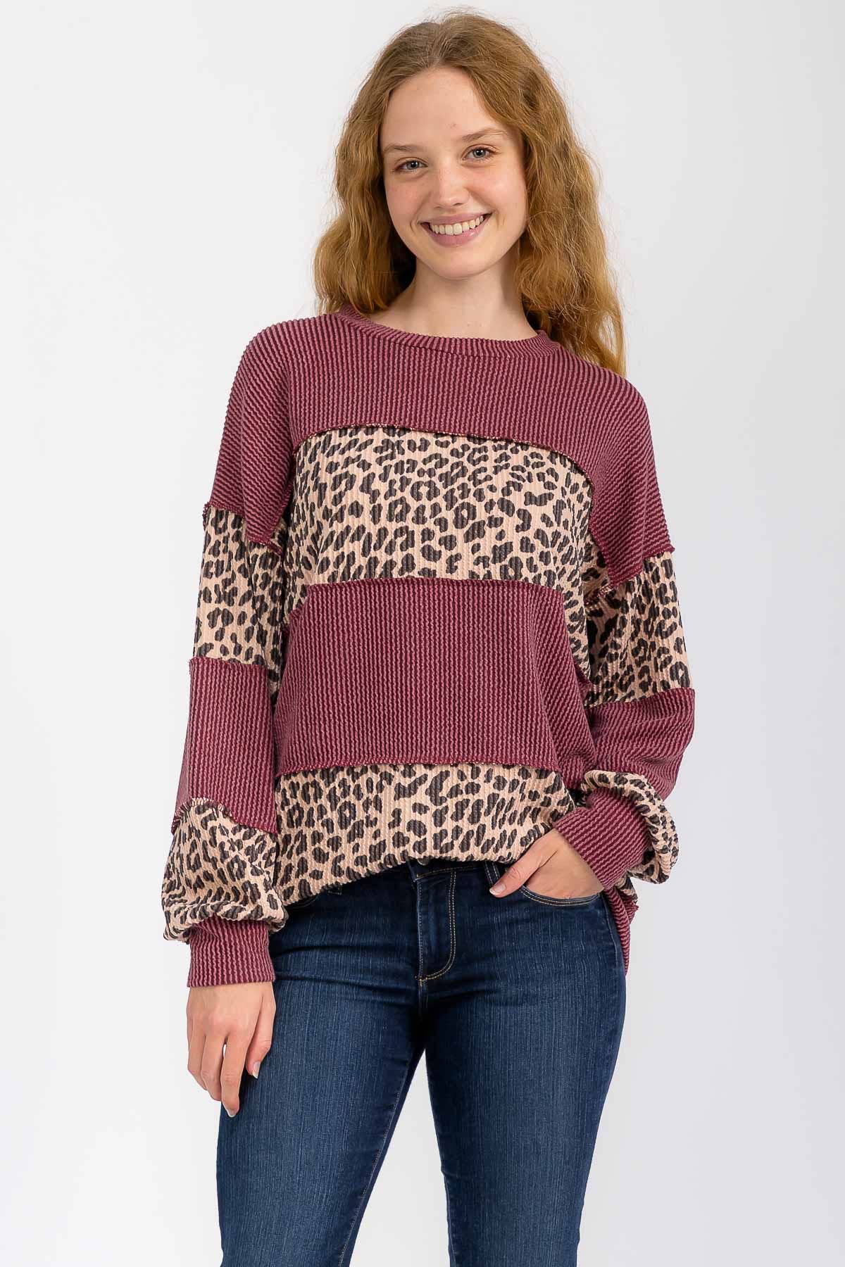 7th Ray – wholesale Knit top – Women's – Leopard Print Contrast Color Block Ribbed Knit Top T6024