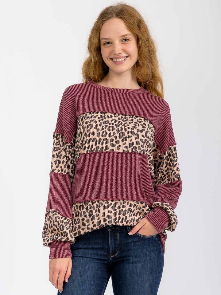 7th Ray – wholesale Knit top – Women's – Leopard Print Contrast Color Block Ribbed Knit Top T60240