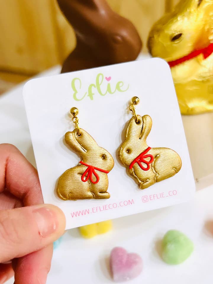 Boucles d'oreilles de Pâques lapin en chocolat nœud rouge or lapin en chocolat pour la vente par Eflie