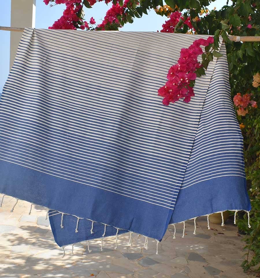 Fouta Tunisia - Wholesale Beach Towel - Fouta Portofino blue striped cream white2