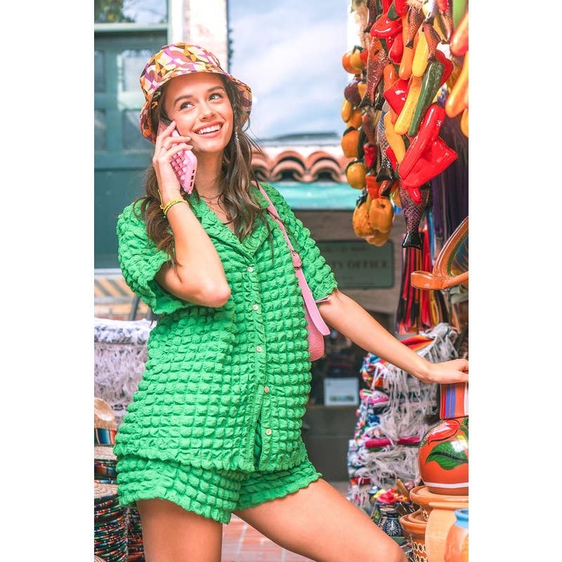 IVE - Vente Ensemble haut et short (PAS d'intérieur) - Femme - Ensemble chemisier à manches courtes bouffantes et mini-short5