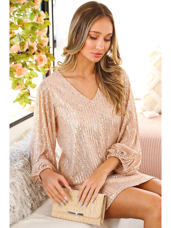 Vine & Love - Wholesale Dress - Women's - V-Neck Balloon Sleeves Sequin Detail Mini Dress VD31721
