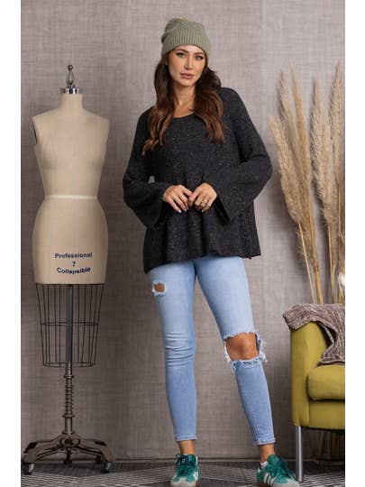 CHARCOAL BELL SLEEVE RIB KNIT STITCH SWEATER M9032 for wholesale on Faire4
