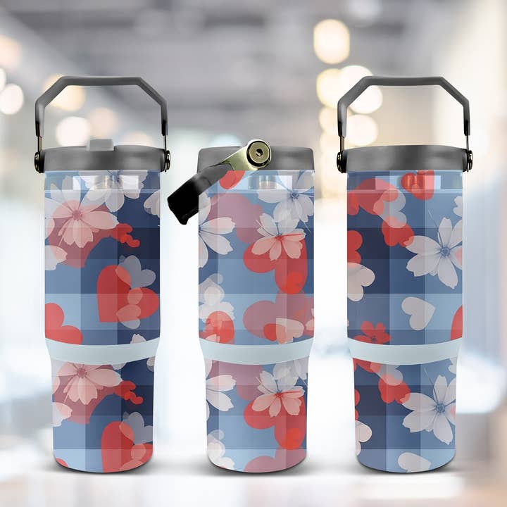 Tumbler Tri-Sip 30oz Cœur de Saint-Valentin Moderne & Floral pour la vente par JAC Wholesale