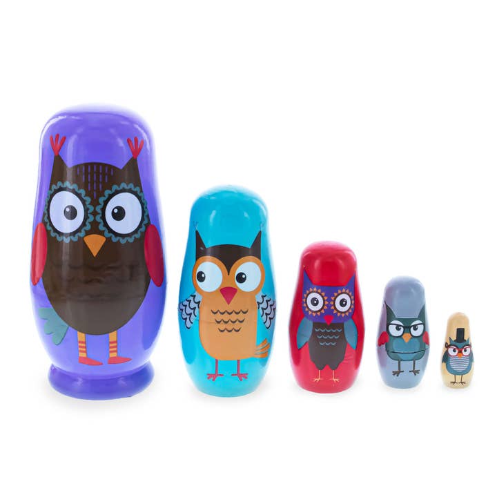 Set of 5 Wise Owls Family Wooden Nesting Dolls 5.75 Inches for wholesale by BestPysanky