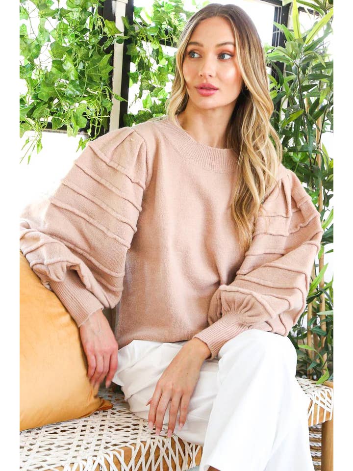 Vine & Love - Wholesale Knit Sweater - Women's - Crew Neck Textured Puff Sleeve Knitted Sweater Top VT70364