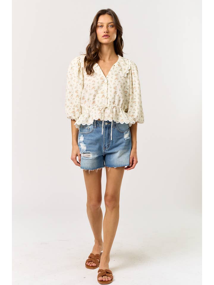 CREAM ILT2370-2 3/4 Puff Sleeve Lace Trim Floral Blouse for wholesale on Faire