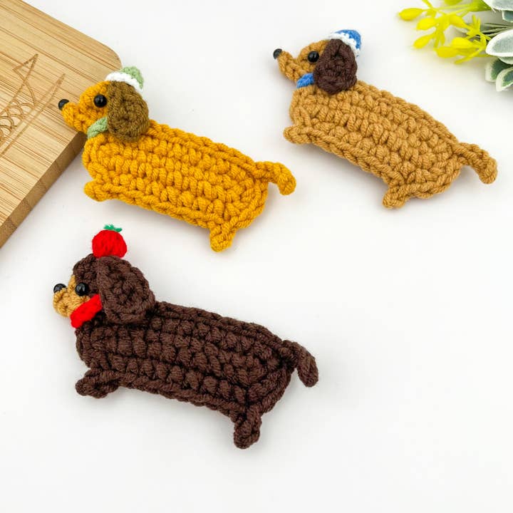 Handmade Crochet Dachshund Hair Clips, Yarn Dog Barrettes for wholesale by TheDivaSoap