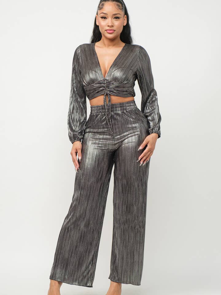 FOIL BODRE PLEATED TOP AND PANTS SET for wholesale by Boswell