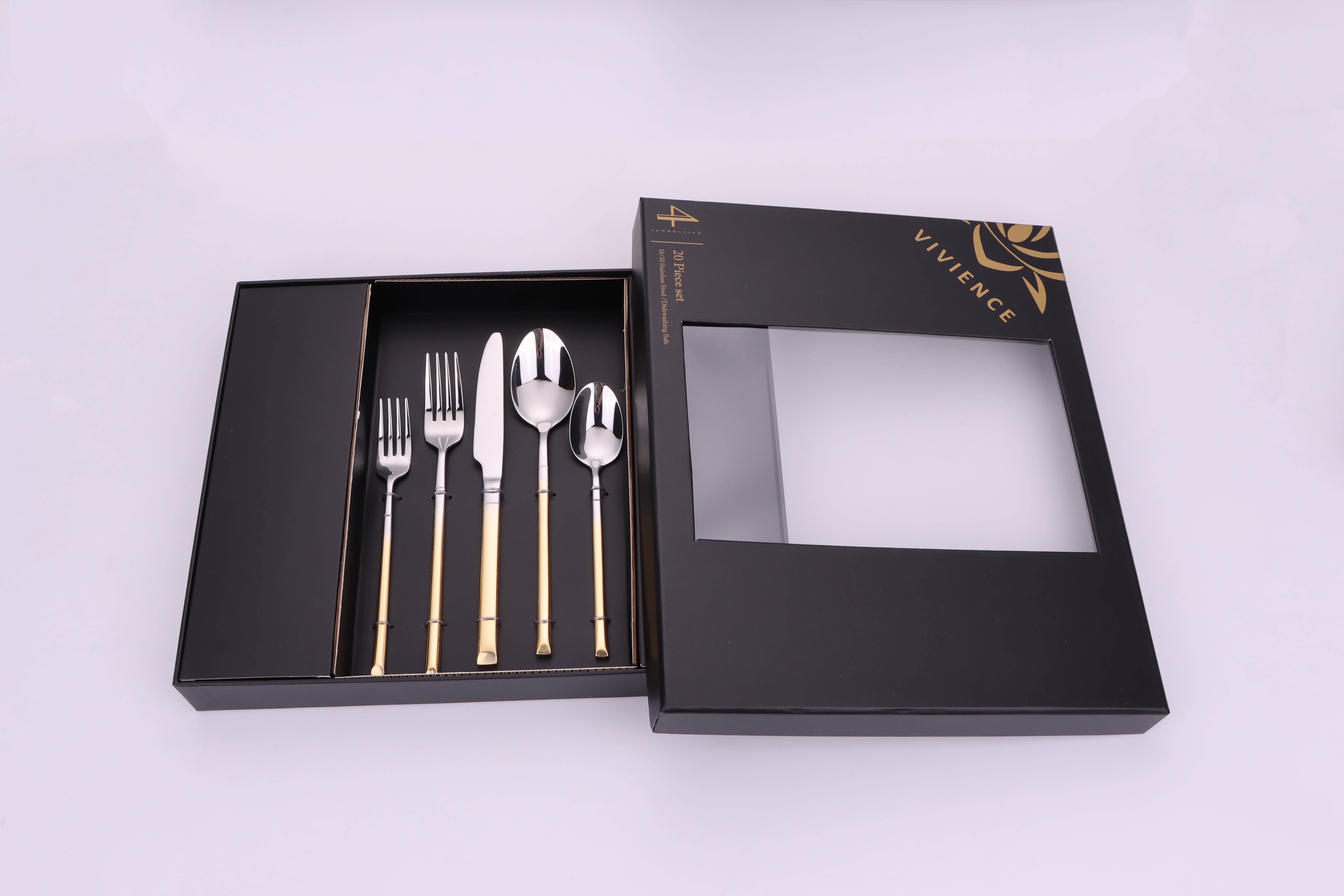 VIVIENCE - Wholesale Flatware Set - Simplicite 20 Pc Flatware with Gold Handles, Service for 411