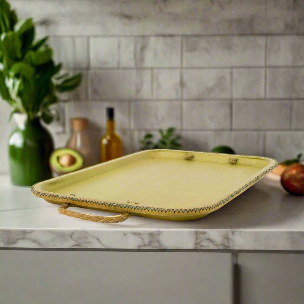 Bati Goods – Engroshandel Pyntebakke – Hermana | 16“ læder serveringsbakke m/broderede håndtag6