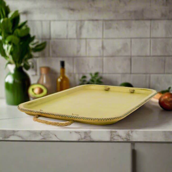 Bati Goods – wholesale Decorative tray – Hermana | 16” Leather Serving Tray w/ Embroidered Handles6