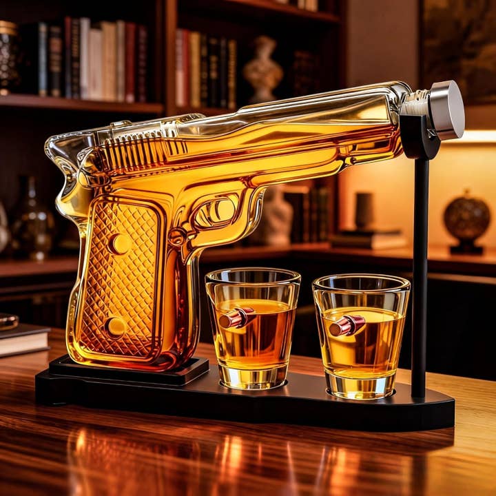 The Wine Savant / Khen Glassware - Wholesale Decanter - Pistol Gun Decanter Set + 2 Bullet shot Glasses & Wood Stand5