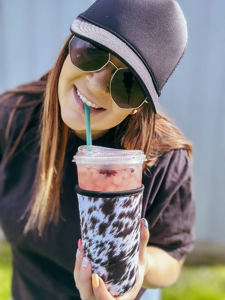 Cowhide Iced Coffee Coozie/ Drink Sleeve for wholesale by The Wild Buck Company