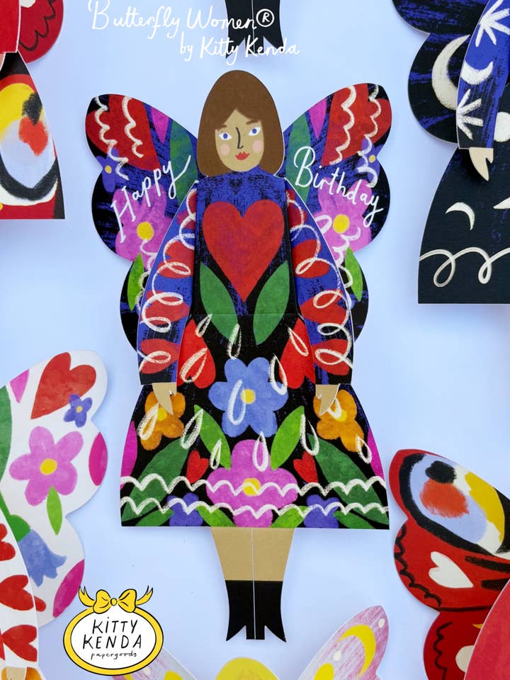 Butterfly Woman Sitting Greeting Card - Midnight Floral for wholesale by Kitty Kenda Papergoods
