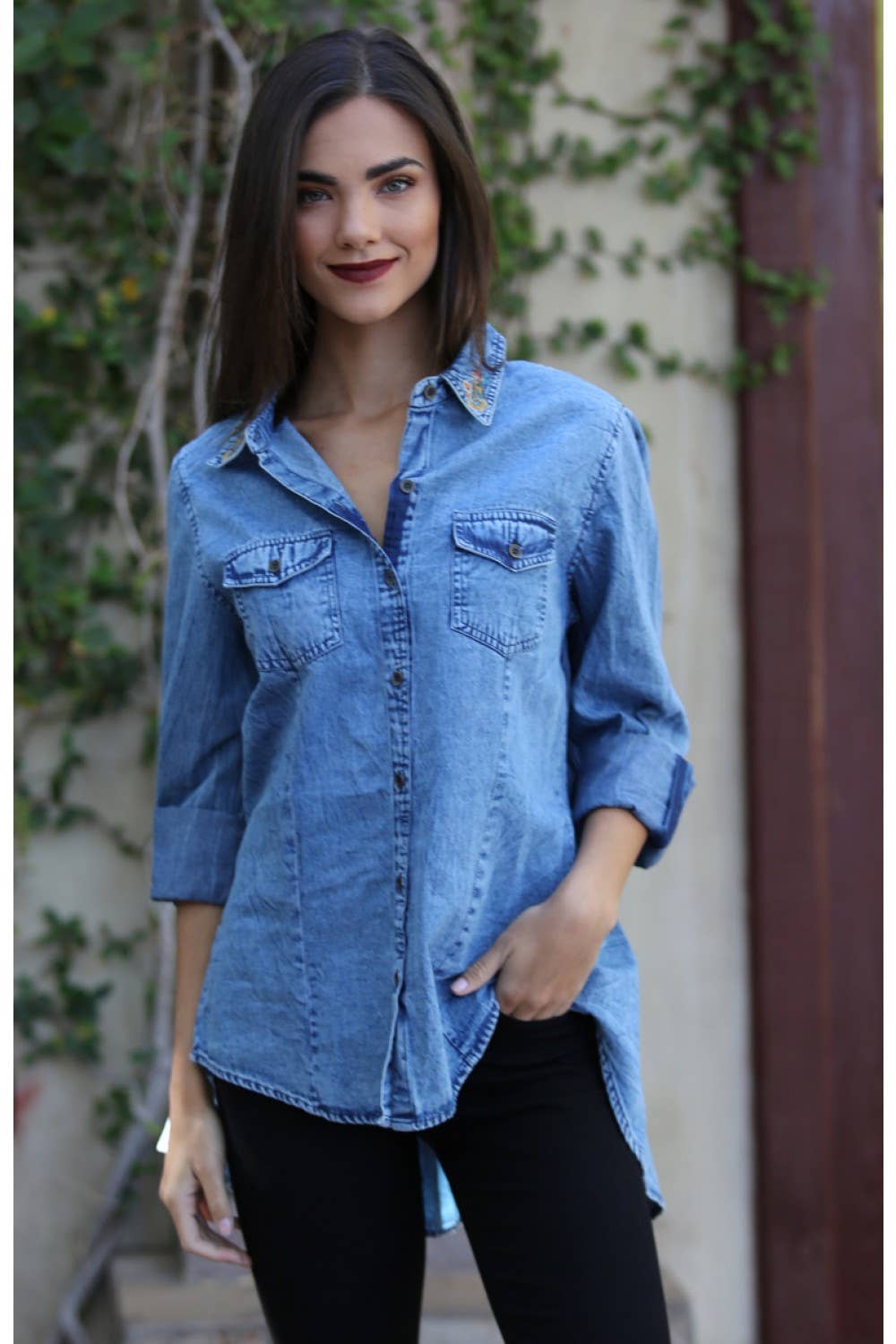 Nostalgia - Wholesale Button Down Shirt - Women's - N2N75-EMB DENIM BUTTON UP SHIRT WITH EMBROIDERED BACK DETAIL2