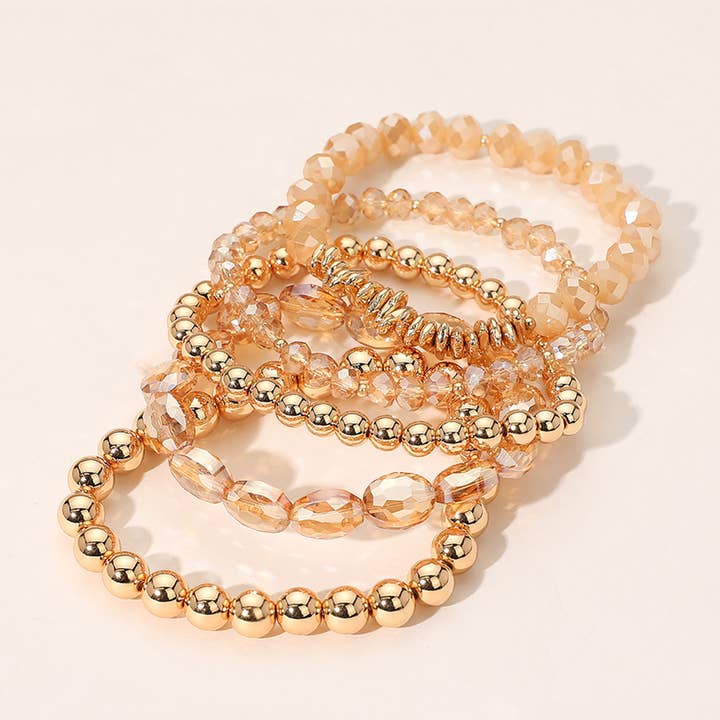 Sensibling Corp. - Venta al por mayor Juegos de joyas - Pulseras elásticas multicapa con cuentas facetadas de bola de metal de 5 piezas3