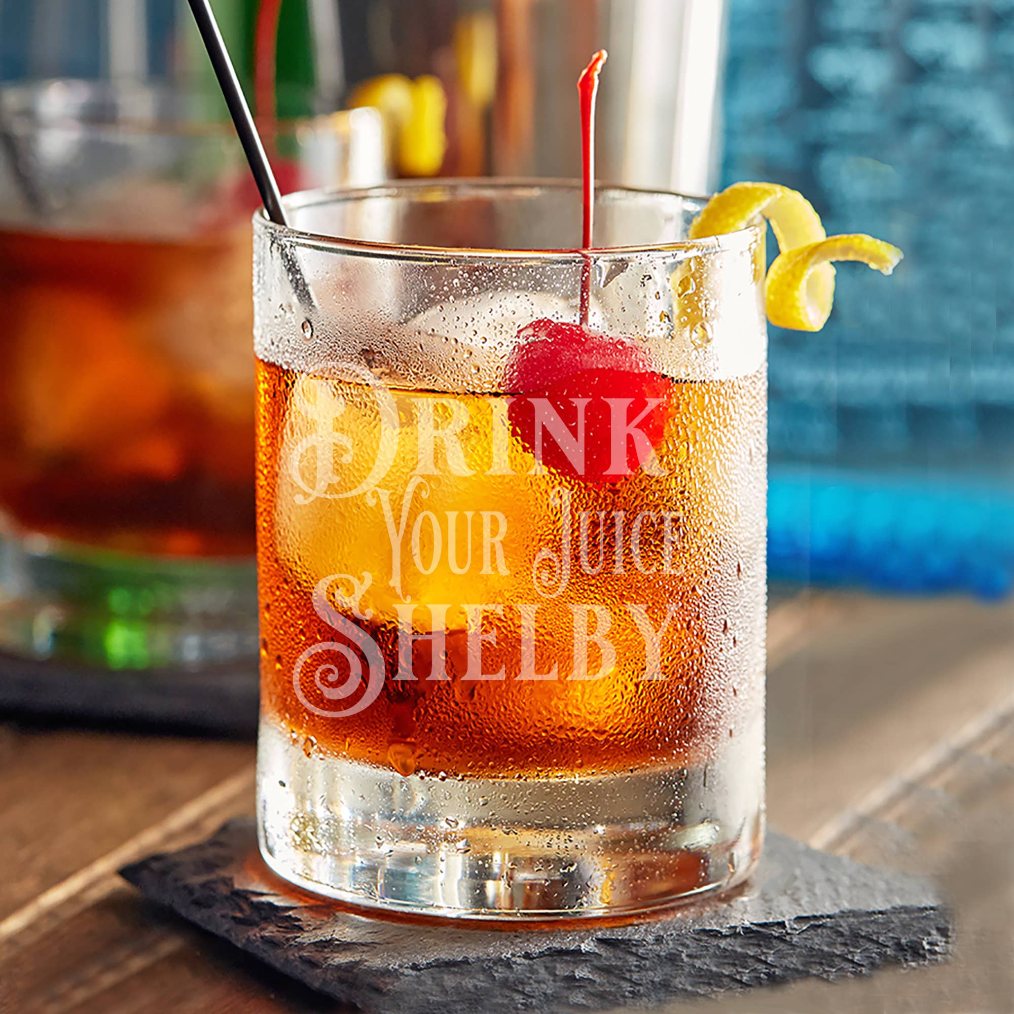 Laser Etched Drink Your Juice Shelby - 10oz Straight-Up Rocks Glass for wholesale on Faire