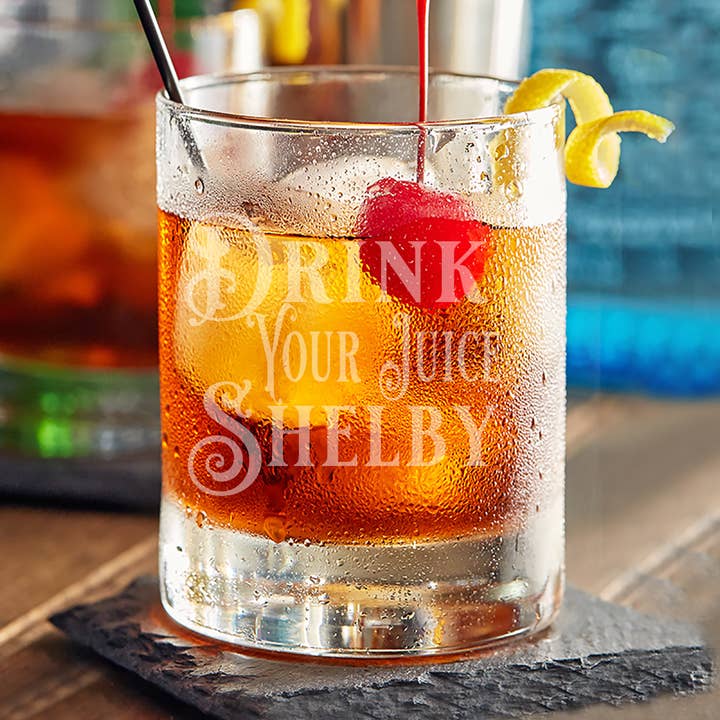Laser Etched Drink Your Juice Shelby - 10oz Straight-Up Rocks Glass for wholesale on Faire0