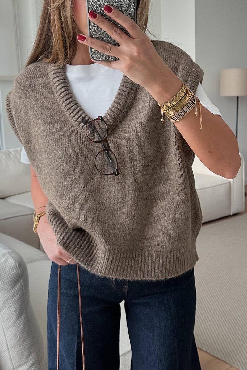 KAKI GILET EN MAILLE LÂCHE À COL V SOLIDE CWOSWSL00163 en vente sur Faire2