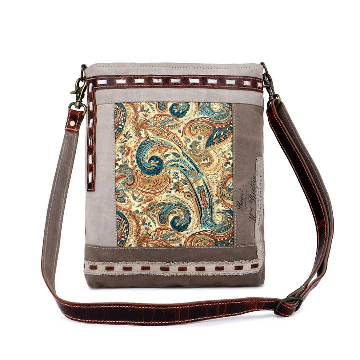 Sixtease Bags USA - Wholesale Crossbody Bag - Women's - Canvas Cowhide & Leather Women's Sling Bag - Neutral Paisley1
