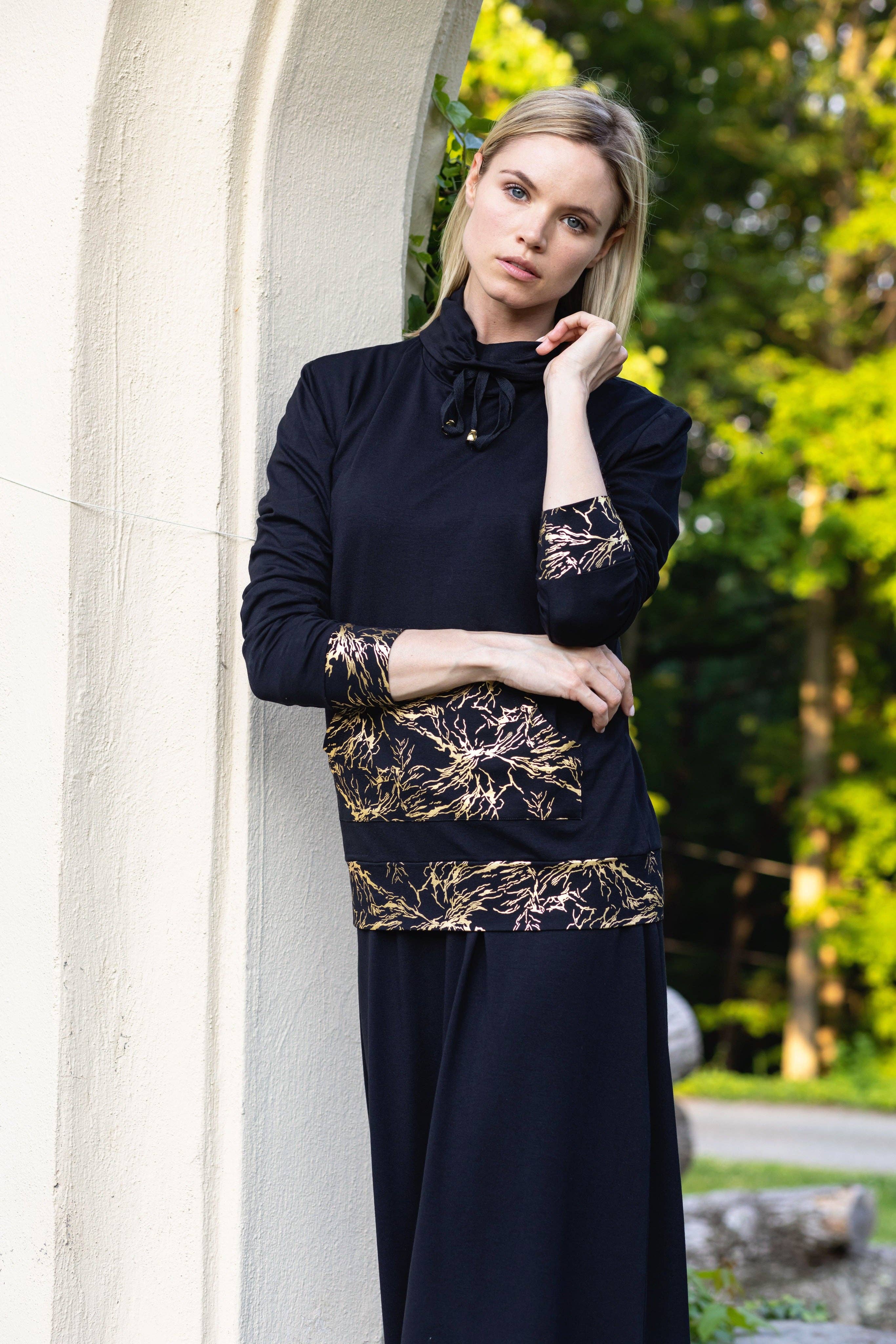 Ellwi Design - Wholesale Top & Skirt Set - Women's - Gold Print Top & Skirt - Black1