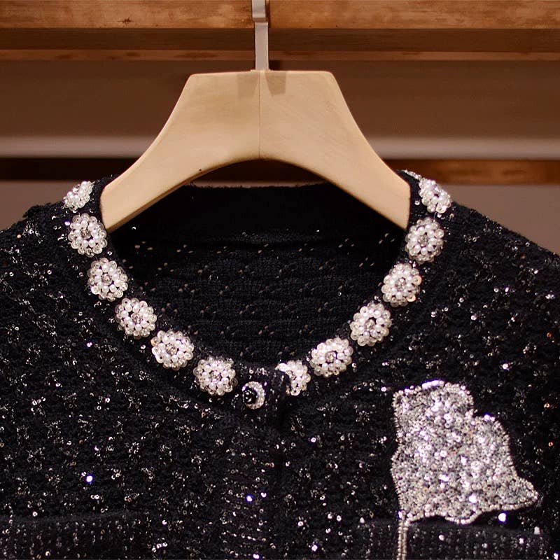 Svart JK241Y Damers Svart Stickad Kofta med Strassdetaljer för wholesale på Faire2
