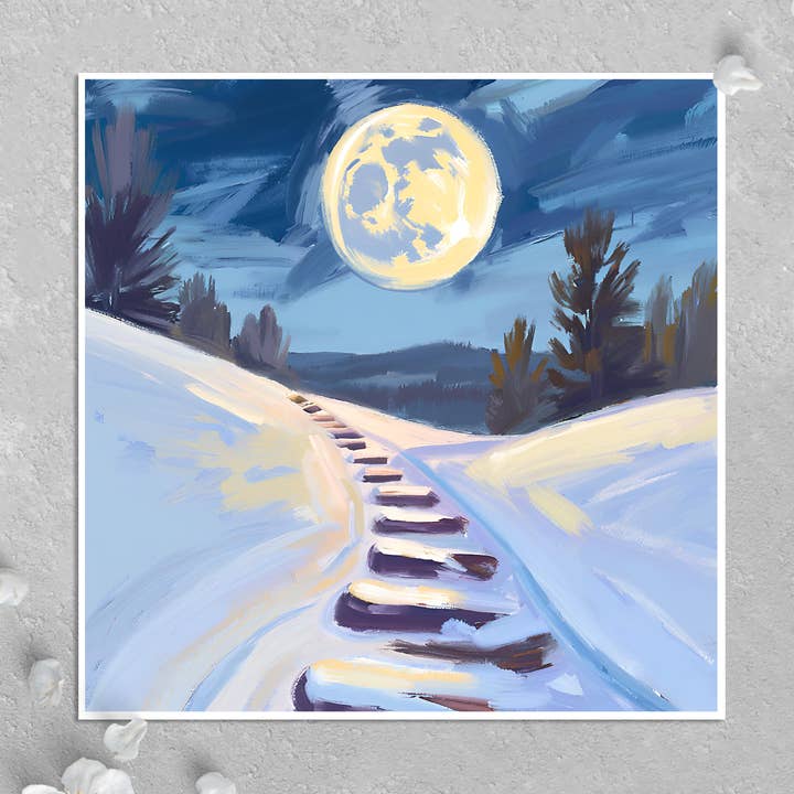 Carte de vœux : Sentier de montagne hivernal sous la lune pour la vente par KalooMoon Art