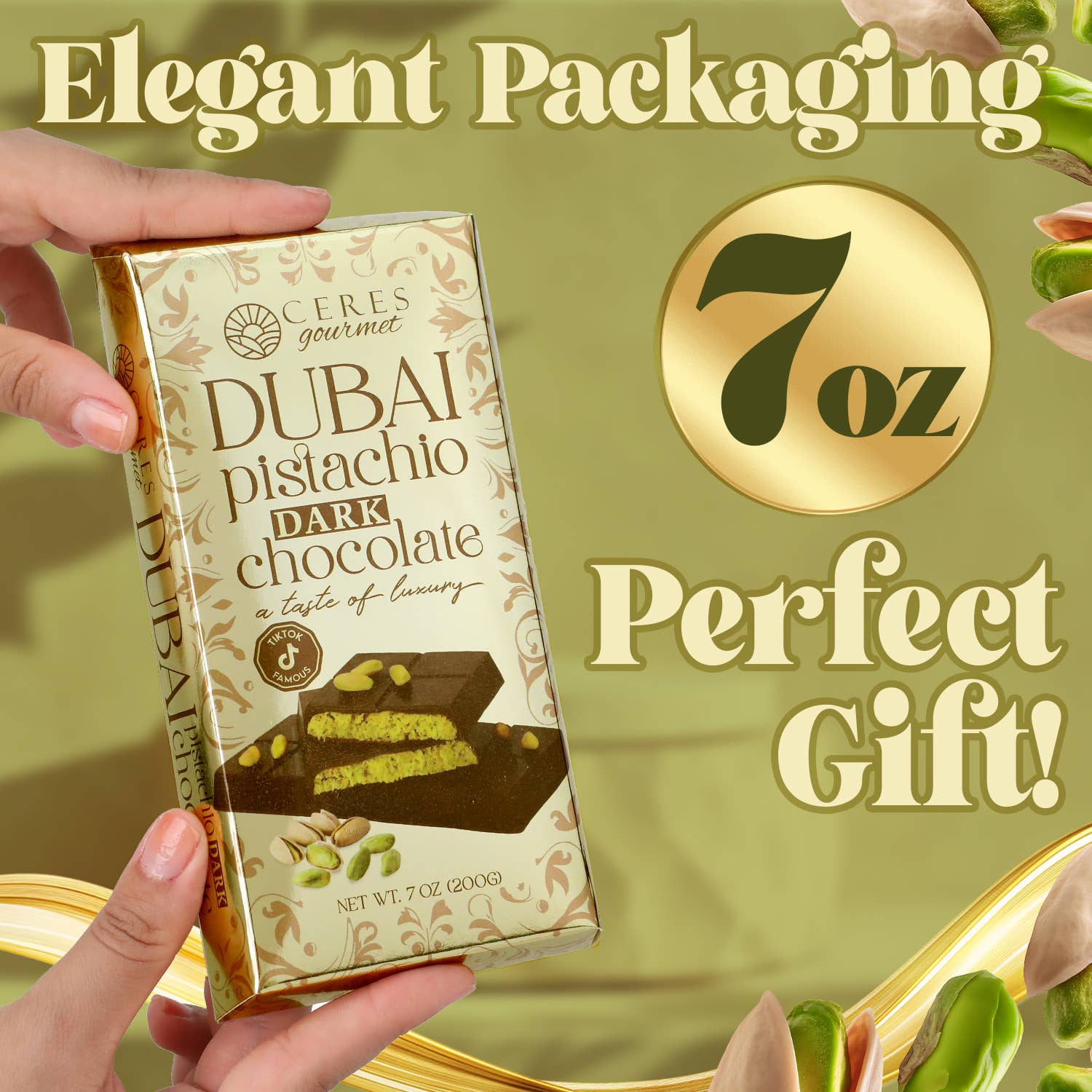 Ceres Gourmet - Wholesale Chocolate Bar -  7 oz Dark Dubai Chocolate Pistachio Bar & Gift-Ready Pack2