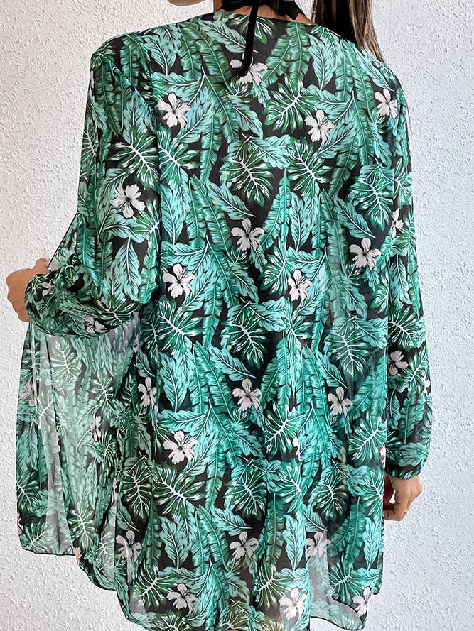 UNISHE - Venta al por mayor Traje de baño de dos piezas - Mujer - Set de bikini retorcido con kimono tropical, set de 3 piezas ZZKF6353