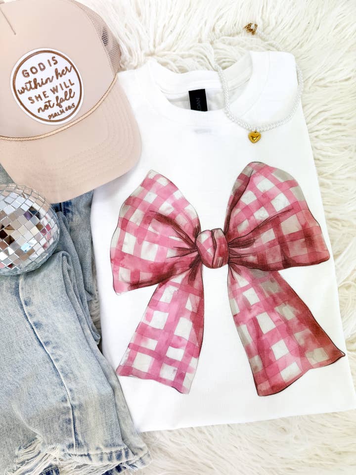 Pink Gingham Bow Tee for wholesale by Hart and Hollow