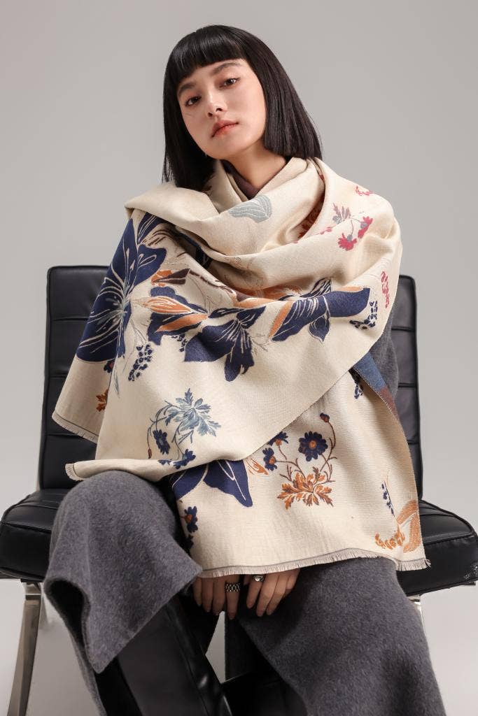 Winding River - Vente Châle – femme - Enveloppe réversible bleu/orange à motif de lys sauvages0