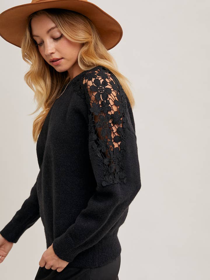 Bluivy - Wholesale Knit Sweater - Women's - CROCHET CONTRAST KNIT SWEATER PULLOVER