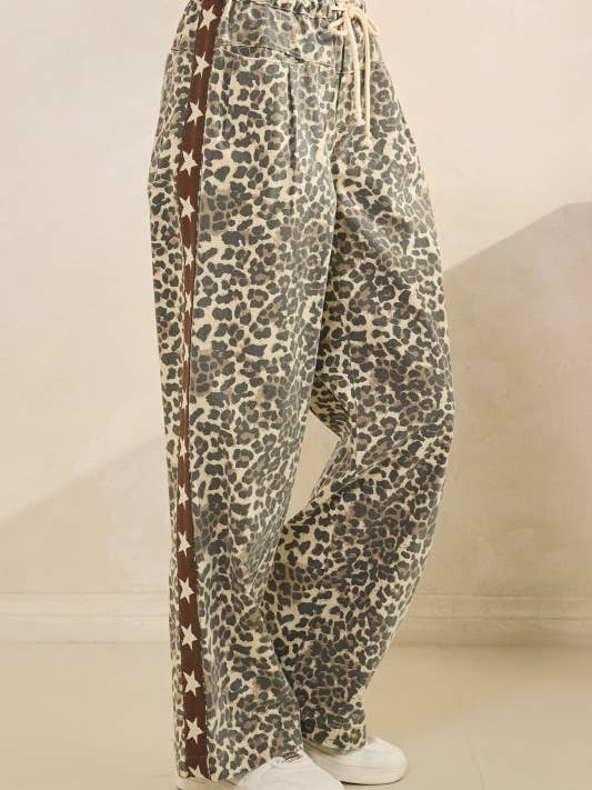 Leopard Printed Striped Wide Legged Pants for wholesale by Pink Irene Wholesale